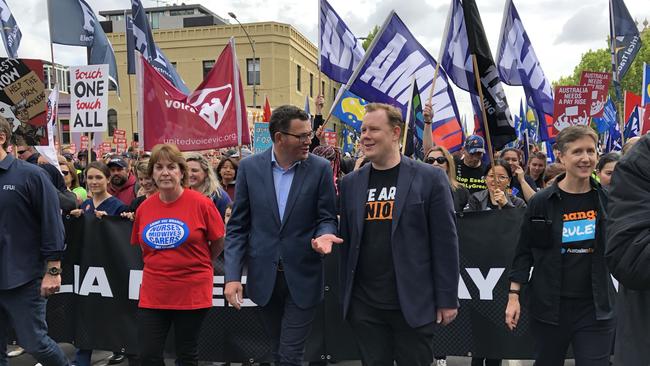 Premier Daniel Andrews marching in the rally outside Trades Hall. Picture: Alex Coppel