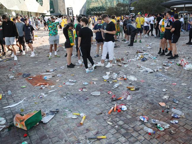 Mess was left by fans following the Socceroos’ loss to Argentina. Picture: NCA NewsWire / David Crosling