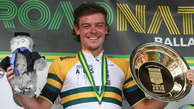 Alex Edmondson on the podium after winning the road national championship last weekend. Picture: Con Chronis