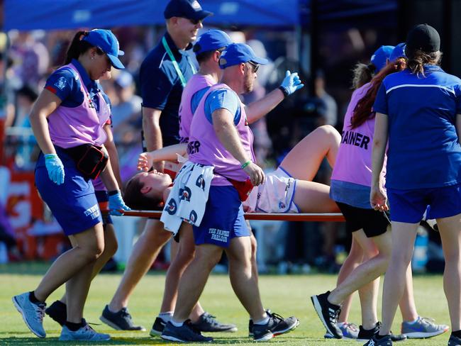 Isabel Huntington suffers an injury during the round two AFLW match between the Brisbane Lions and the Western Bulldogs in Brisbane. Picture: Getty Images