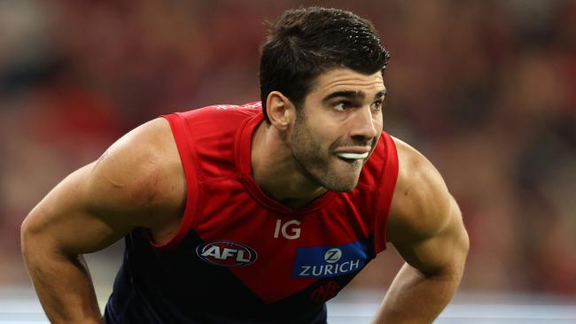 MELBOURNE, AUSTRALIA - APRIL 11: Christian Petracca of the Demons looks on during the round five AFL match between Melbourne Demons and Brisbane Lions at Melbourne Cricket Ground, on April 11, 2024, in Melbourne, Australia. (Photo by Robert Cianflone/Getty Images)