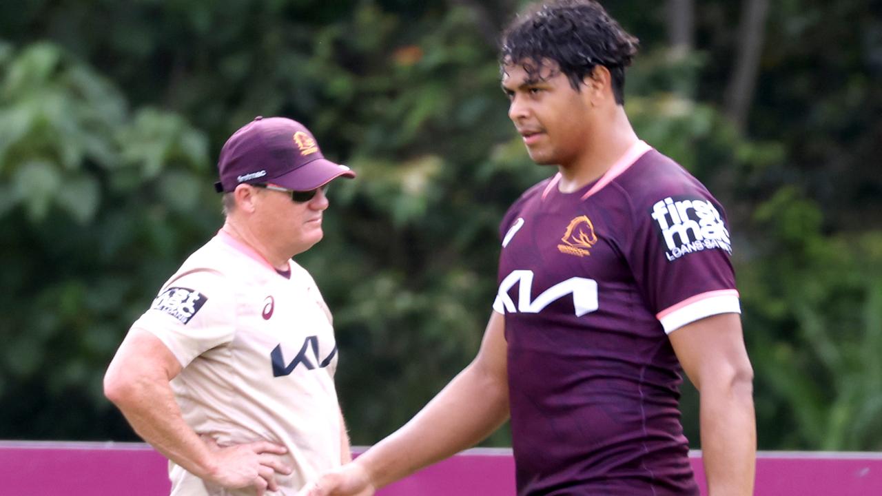 Selwyn Cobbo and Kevin Walters, at Broncos Training, Red Hill, on Monday 9th January 2023 - Photo Steve Pohlner