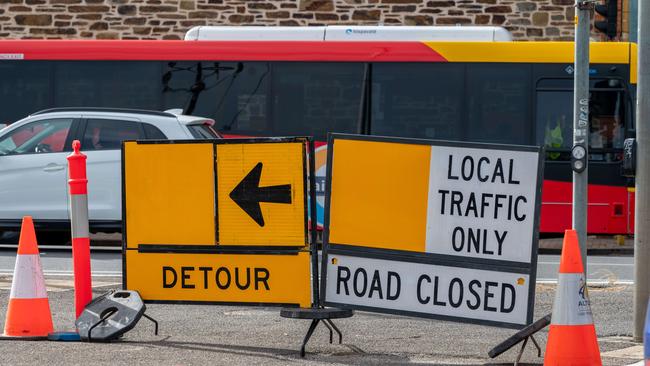 Banked up traffic at the corner of Dequetteville Terrace and Rundle Rd due to road closures for a previous Adelaide 500. Picture: Ben Clark