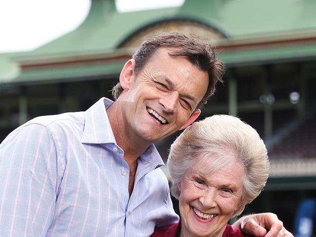 Daphne Benaud with Fox Cricket's Adam Gilchrist at the Fox Cricket channel launch, SCG. Picture: Brett Costello