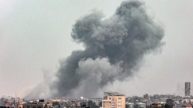 A smoke plume erupts during Israeli bombardment on Khan Yunis. Picture: AFP.