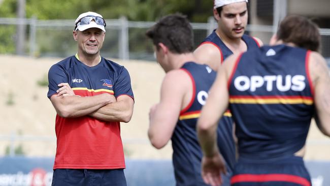 New Crows coach Matthew Nicks keeps a watchful eye over his players as the club returned to pre-season training on Thursday. Picture: Sarah Reed.