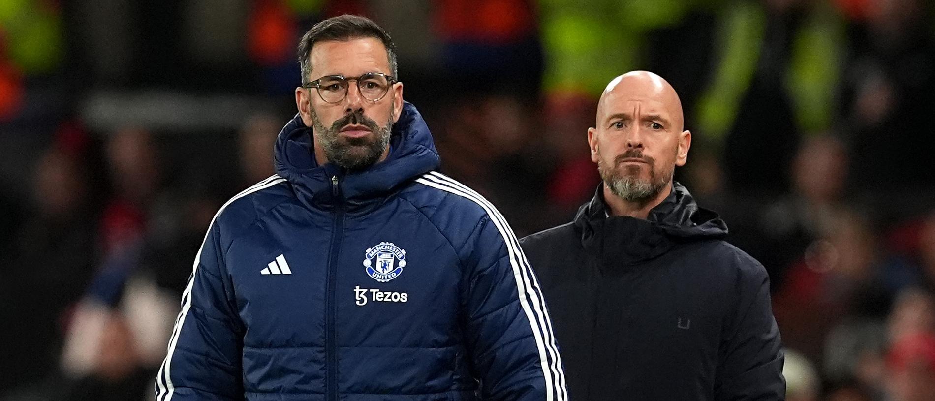 Manchester United coach Ruud van Nistelrooy (left) and manager Erik ten Hag look on during the UEFA Europa League match at Old Trafford, Manchester. Picture date: Wednesday September 25, 2024. (Photo by Martin Rickett/PA Images via Getty Images)