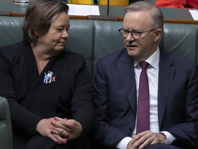 CANBERRA, AUSTRALIA - NewsWire Photos DECEMBER 01, 2022: Prime Minister Anthony Albanese spoke with Resouces Minister Madeleine King after delivering his end of year valedictory speech in the House of Representatives at Parliament House Picture: NCA NewsWire / Gary Ramage