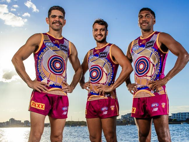 Brisbane Lions Indigenous guernsey 2025.Brisbane Lions Charlie Cameron, Callum Ah Chee and Keidean Coleman wearing this years Indigenous guernsey.Picture: Nigel Hallett