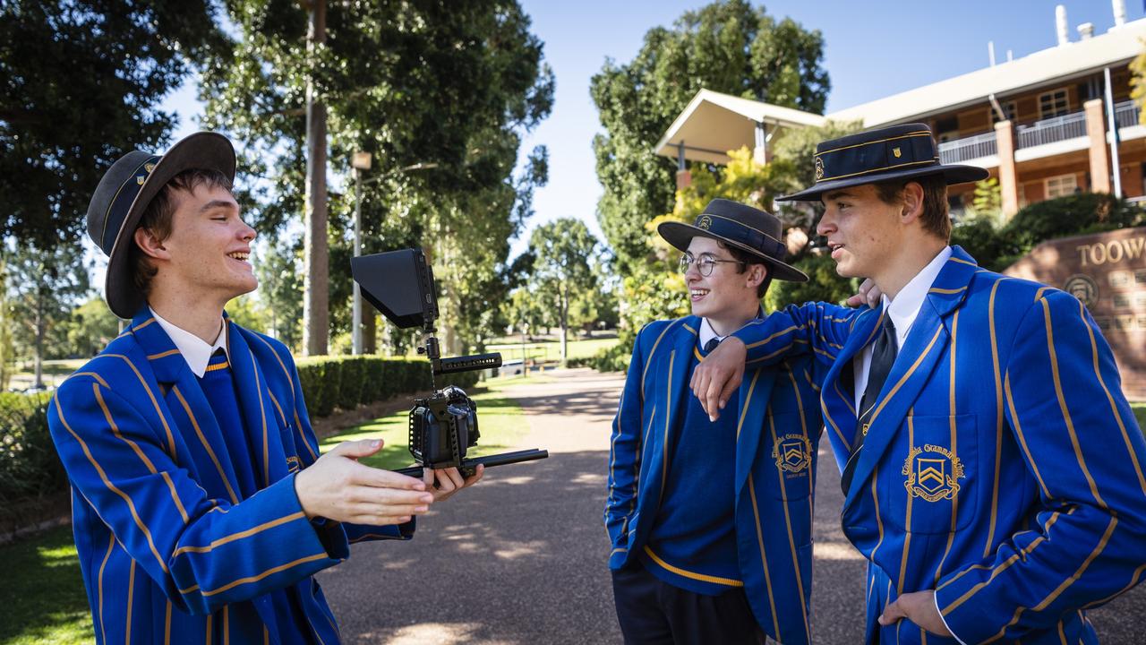 Toowoomba Grammar School Year 12 student Ben Rosenberg won Best Director overall at the 2022 Nextwave Youth Film Awards, pictured here with friends Lawson Booth and Tom Knudsen (right). Picture: Kevin Farmer