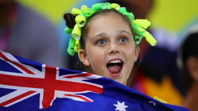 GOLD COAST, QUEENSLAND - APRIL 14:  The crowd enjoy the atmosphere during the women's Rugby Sevens match between Australia and Fiji on day 10 of the Gold Coast 2018 Commonwealth Games at Robina Stadium on April 14, 2018 on the Gold Coast, Australia.  (Photo by Mark Kolbe/Getty Images)