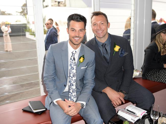 Ian Thorpe and Ryan Channing (left) at the Lexus Marquee in the Birdcage during Melbourne Cup Day at Flemington Racecourse in Melbourne in 2017. Picture: AAP Image/Tracey Nearmy