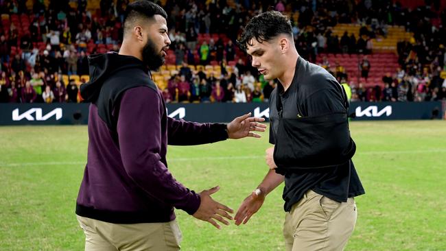 Injured Broncos Payne Haas and Herbie Farnworth. Picture: NRL Photos