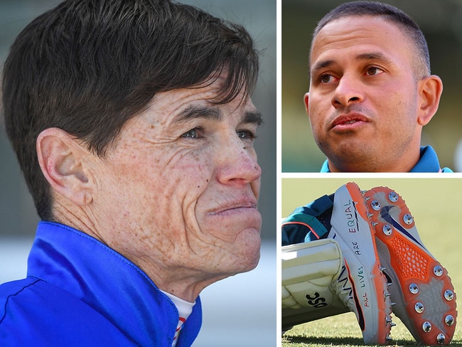 Jockey Craig Williams (left) has backed cricketer Usman Khawaja (top right), who was denied the chance to display on his playing shoes a peaceful message on the Israel-Palestine conflict. Pictures: File