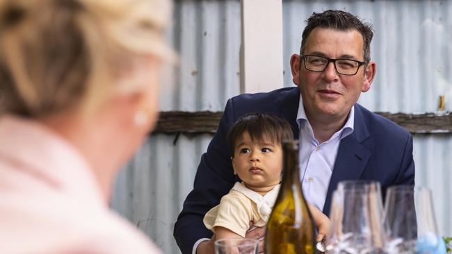 Daniel Andrews has already notched up his first baby kissing event. Picture: Getty Images