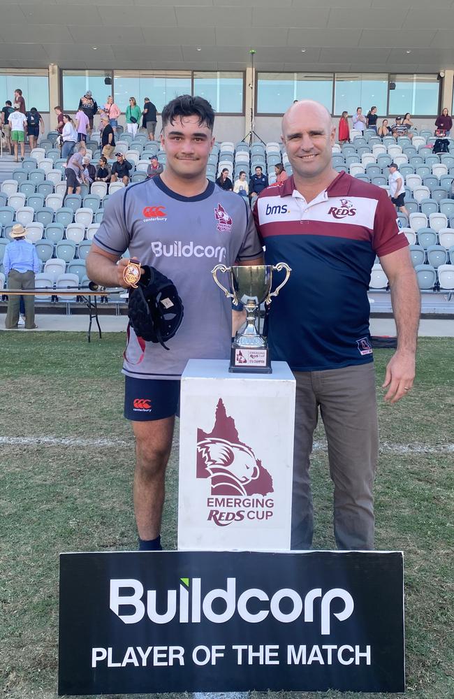 Hooker Aiden Luke being presented his man of the match medal by Sam Cordingley, QRU General Manager Professional Rugby