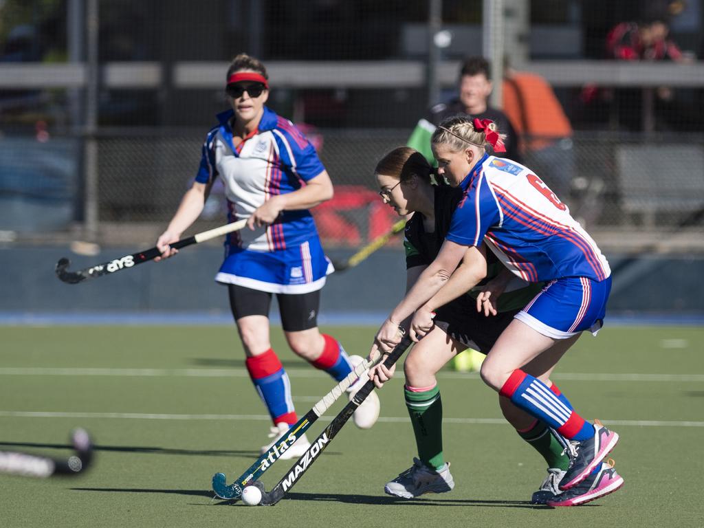 Kaitlyn Macey (left) of Norths and Anna Meredith of Rangeville in A4 women Presidents Cup hockey at Clyde Park, Saturday, May 27, 2023. Picture: Kevin Farmer