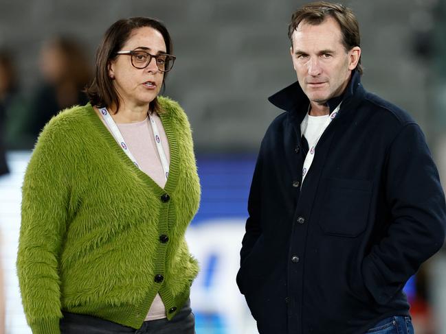 MELBOURNE, AUSTRALIA - JUNE 18: Nicole Livingstone General Manager, Women's Football of the AFL and Andrew Dillon, CEO Elect of the AFL are seen during the match between the AFL Academy Girls and Under 23 All-Stars at Marvel Stadium on June 18, 2023 in Melbourne, Australia. (Photo by Michael Willson/AFL Photos via Getty Images)