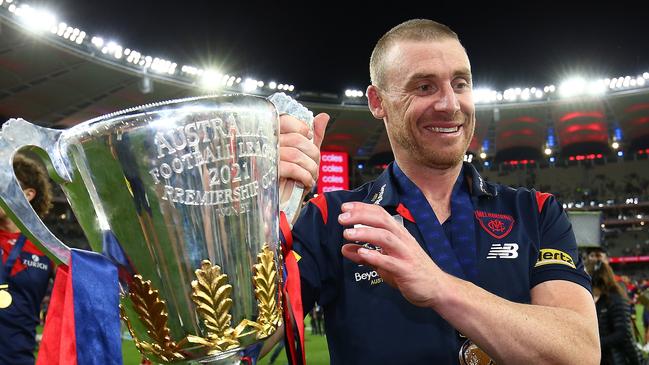 PERTH, AUSTRALIA - SEPTEMBER 25: Demons Coach, Simon Goodwin celebrates after winning the 2021 Toyota AFL Grand Final match between the Melbourne Demons and the Western Bulldogs at Optus Stadium on September 25, 2021 in Perth, Australia. (Photo by Gary Day/AFL Photos via Getty Images)