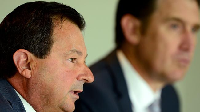 Cricket Australia chief executive James Sutherland (R) and chairman David Peever (L).
