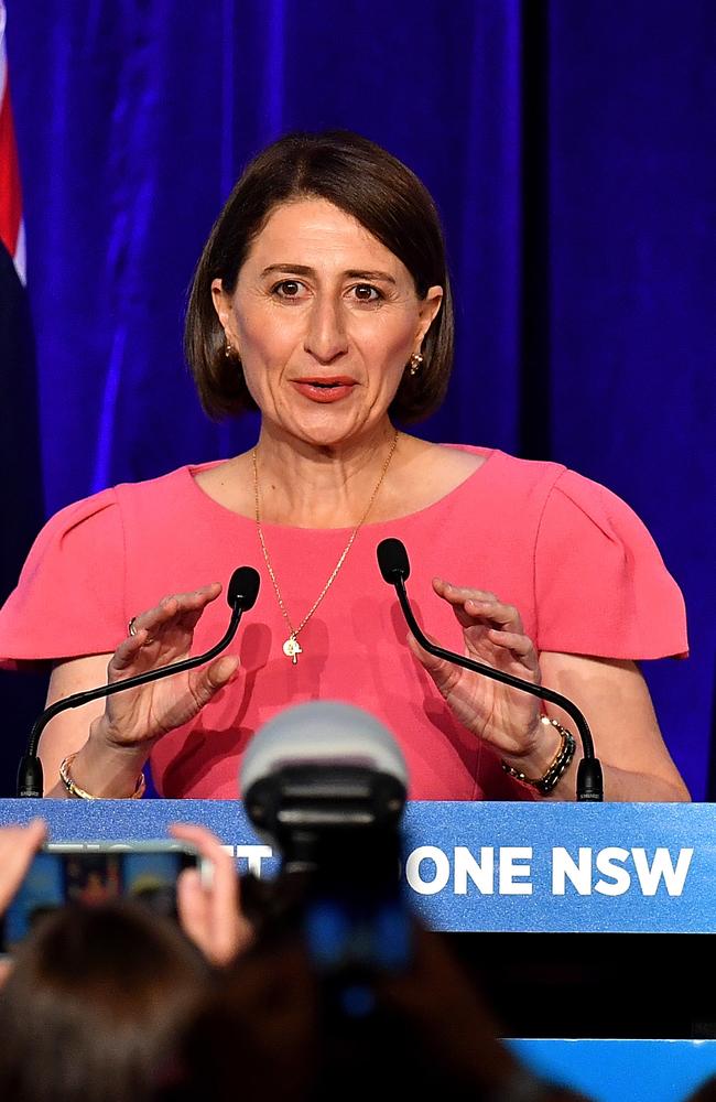 Premier Gladys Berejiklian celebrates the NSW Liberal party win at the Sofitel Wentworth hotel in the city’s CBD. Picture: AAP Image/Dean Lewins.