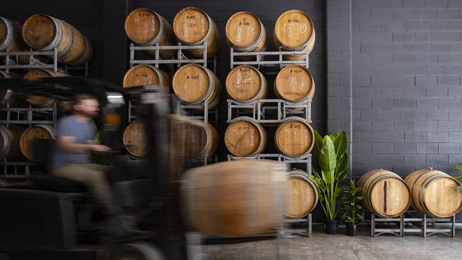 Some of the 100 wine barrels at City Winery in Fortitude Valley.