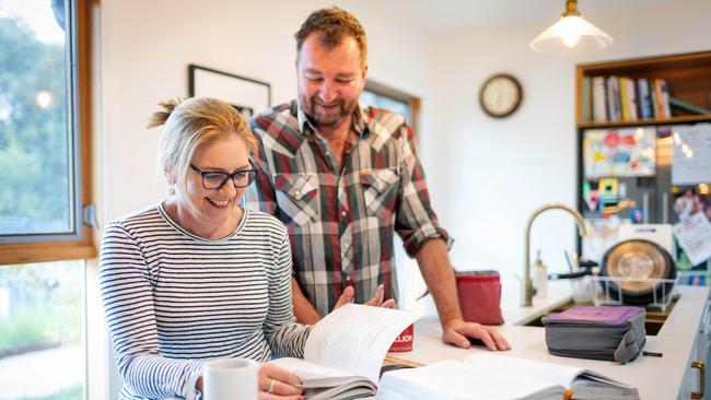 Victorian Premier Jacinta Allan at home with husband Yorick Piper on their property outside Bendigo. Picture: Mark Stewart