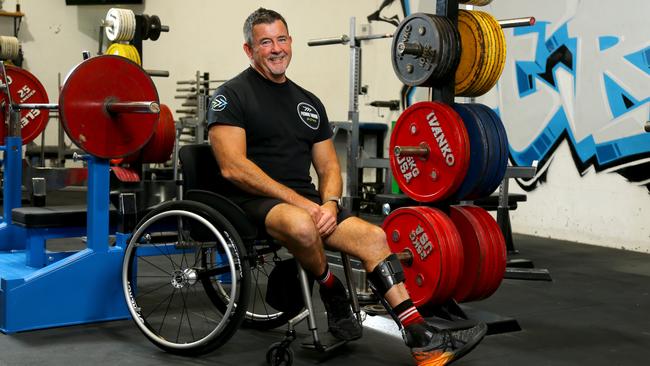 Former Commonwealth Games para athlete Leigh Skinner has taught himself to walk again so he can walk his only daughter down the aisle this coming weekend. He is also calling on Gold Coast CEOs, Executives, Principals and Community Leaders to sign up now for the Sporting Wheelies CEO Challenge on Friday June 16th. Picture: David Clark