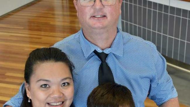 New citizens (mother and son) Cristinlee Aidulis and James Hangad, 10, with partner Mark Wilson celebrating their citizenship at Gympie&#39;s Citizenship Ceremony. Picture: Patrick Woods