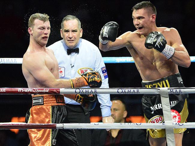 Tim Tszyu lands a savage right to the jaw of Jeff Horn. Picture: Matt Taylor