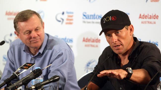 Former South Australian premier Mike Rann and Lance Armstrong hold a Tour Down Under press conference.