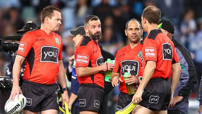 Veteran ref Gavin Badger (second from left) will run the touchline. Picture: Mark Kolbe/Getty