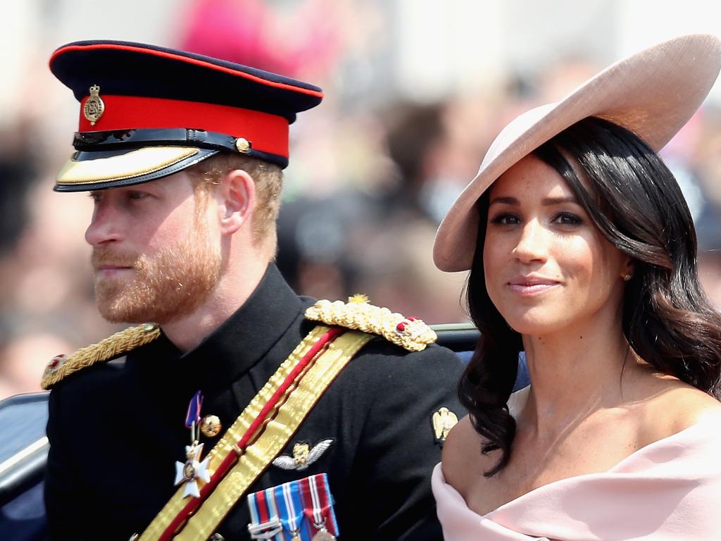 Meghan, Duchess of Sussex and Prince Harry, Duke of Sussex during Trooping The Colour on the Mall on June 9, 2018 in London, England. Picture: Getty Images