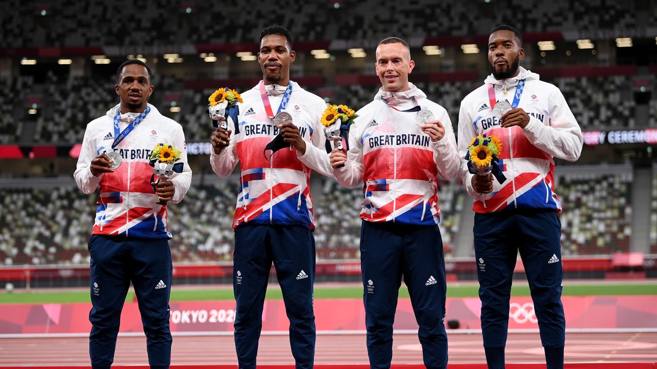 Silver medal winners CJ Ujah, Zharnel Hughes, Richard Kilty and Nethaneel Mitchell-Blake of Team Great Britain. Photo by Matthias Hangst/Getty Images