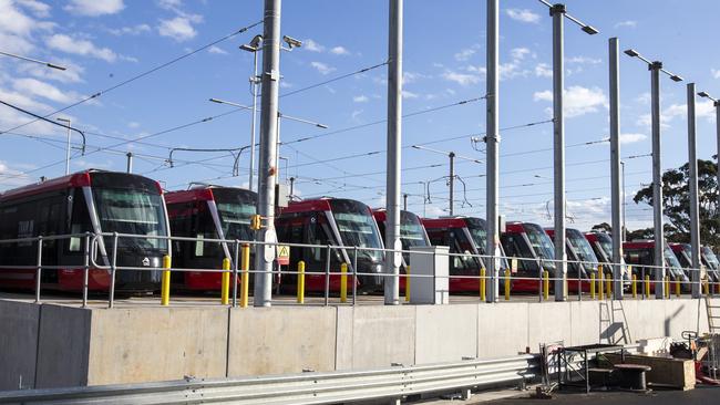 Light rail trams parked at the depot next to Royal Randwick Race Course. Picture: Damian Shaw