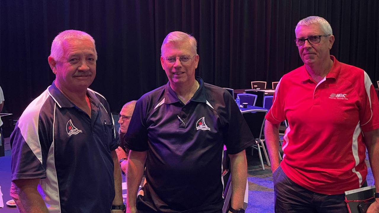 Mackay Regional Council 2032 Olympics Planning Summit. Mackay Sailing Club treasurer Col Clark and rear commodore Bryan Lavarack with Mackay Rowing Club treasurer Tony Lloyd. Picture: Max O'Driscoll.