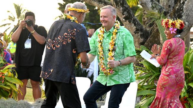 Anthony Albanese sticks to tradition by dancing at the Pacific Islands Forum in Aitutaki, Cook Islands, on Thursday (AEDT). Picture: AAP