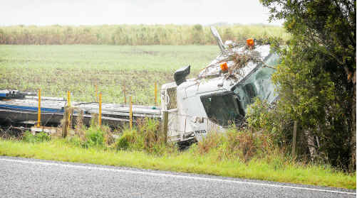 A truck which left the Pacific Highway near Chatsworth Island. Picture: Adam Hourigan