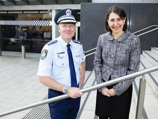 Police Commissioner Mick Fuller with NSW Premier Gladys Berejiklian in Liverpool on Monday. Picture: Justin Lloyd