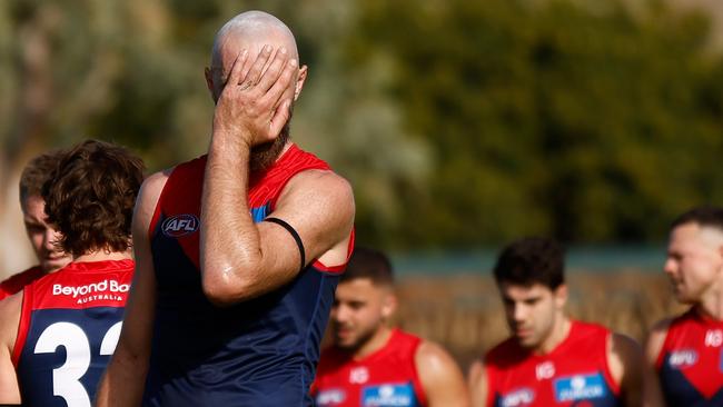 ALICE SPRINGS, AUSTRALIA - JUNE 02: Max Gawn of the Demons looks dejected after a loss during the 2024 AFL Round 12 match between the Melbourne Demons and the Fremantle Dockers at TIO Traeger Park on June 02, 2024 in Alice Springs, Australia. (Photo by Michael Willson/AFL Photos via Getty Images)