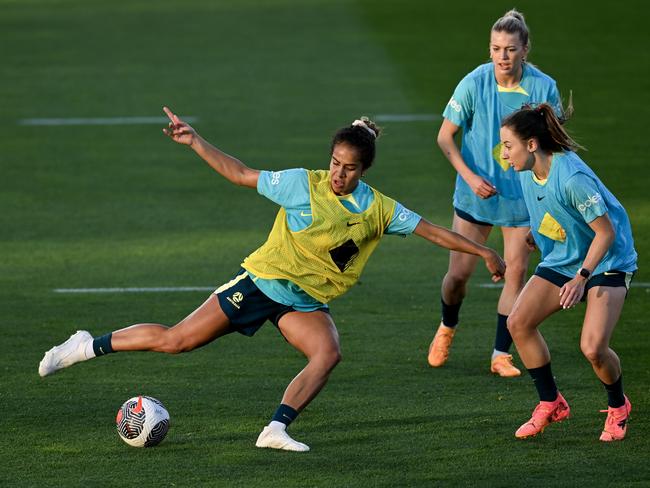 Mary Fowler (left) trains with Matildas ahead of Friday’s match against China. Picture: Mark Brake/Getty Images