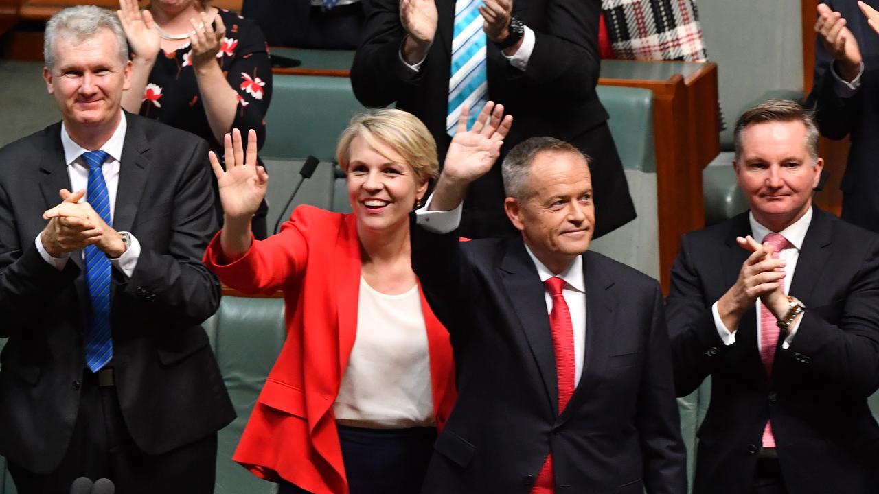 Deputy Opposition Leader Tanya Plibersek and Opposition Leader Bill Shorten wave after delivering the 2019-20 federal Budget reply speech. Picture: Mick Tsikas/AAP 