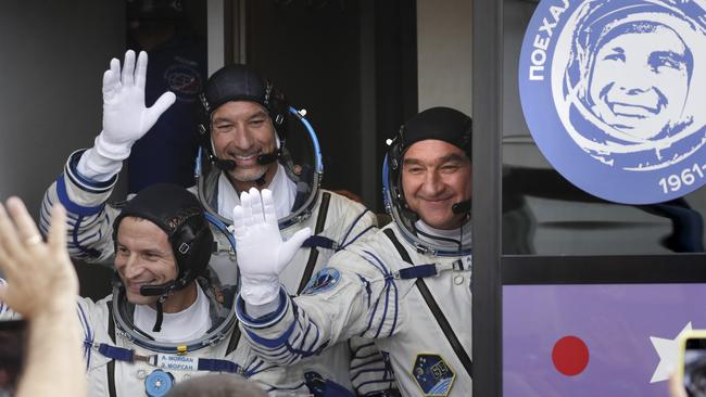 US astronaut Andrew Morgan, Russian cosmonaut Alexander Skvortsov and Italian astronaut Luca Parmitano. Picture: AFP