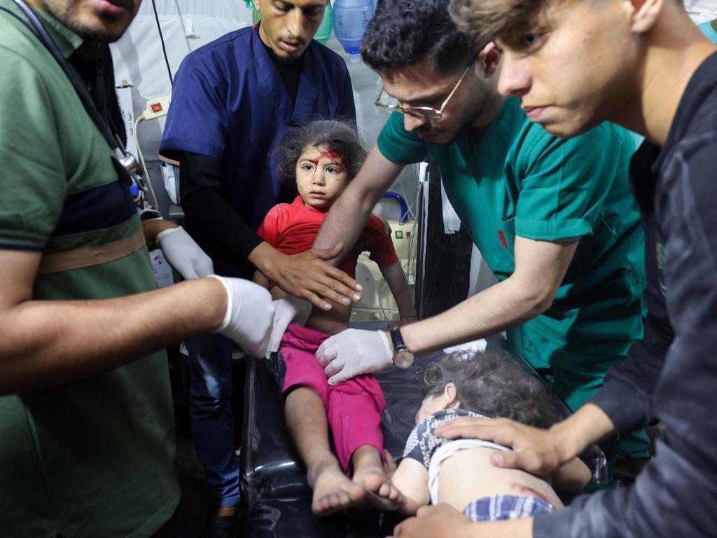 Children injured during Israeli bombardment receive treatment at the Kuwait Hospital in Rafah, on the southern Gaza Strip. Picture: Mohammed Abed/AFP