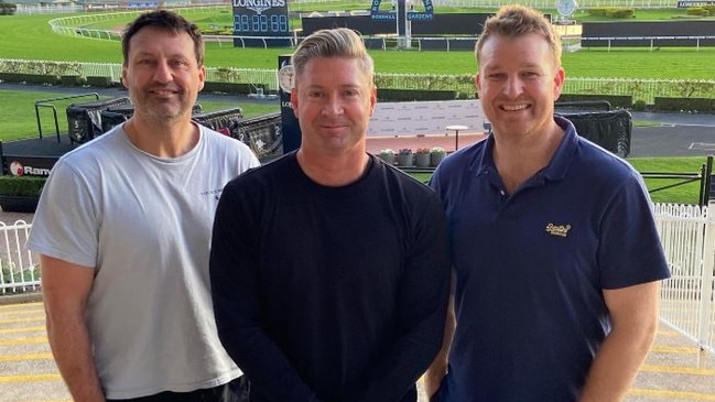 Michael Clarke (centre) with Big Sports Breakfast co-hosts Laurie Daley and Gerard Middleton.