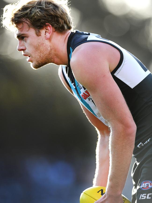 Jack Watts lines up and kicks a goal for Port Adelaide against St Kilda. Picture: Mark Brake/Getty Images