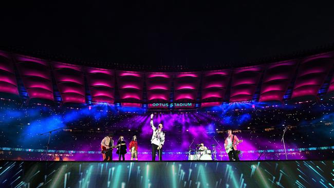 Birds of Tokyo and WASO perform at half time during the 2021 Toyota AFL Grand Final match between the Melbourne Demons and the Western Bulldogs. Picture: Getty