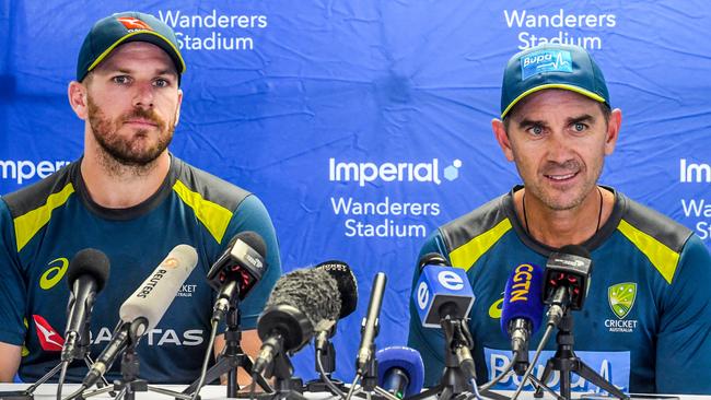 JOHANNESBURG, SOUTH AFRICA - FEBRUARY 17: Justin Langer (coach) and Aaron Finch (captain) of Australia during the Australian national cricket team arrival press conference at Imperial Wanderers Stadium on February 17, 2020 in Johannesburg, South Africa. (Photo by Sydney Seshibedi/Gallo Images/Getty Images)