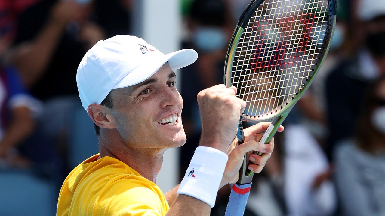 The Sydney wildcard celebrates his first-round success. Picture: Mark Stewart