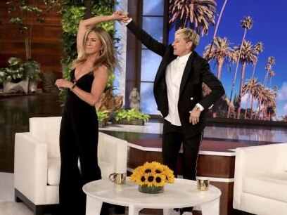 Jennifer Aniston dances with the host on the final episode of The Ellen DeGeneres Show. Picture: Warner Bros.